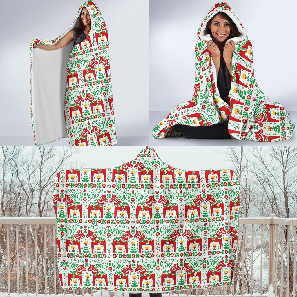 Swedish Dala Style Pattern Hooded Blanket-JTAMIGO.COM