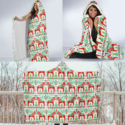 Swedish Dala Style Pattern Hooded Blanket-JTAMIGO.COM