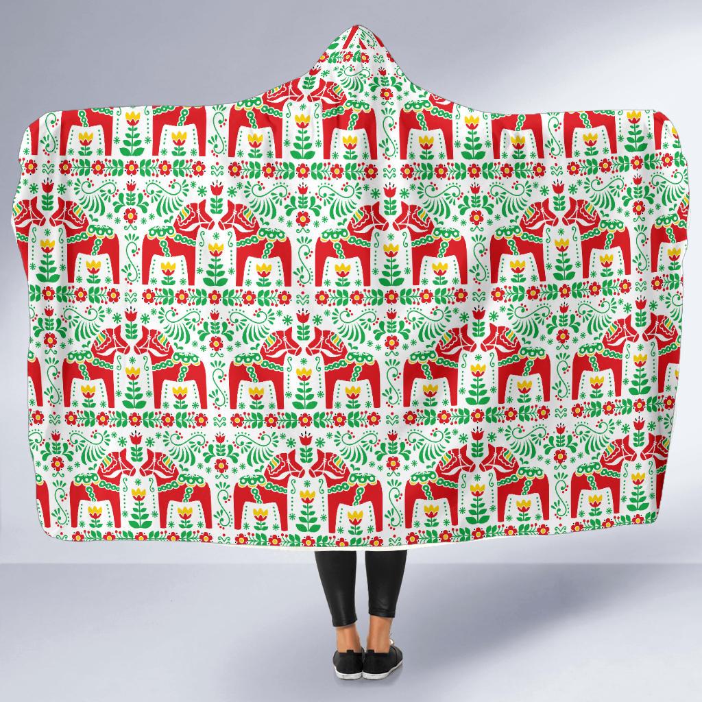 Swedish Dala Style Pattern Hooded Blanket-JTAMIGO.COM
