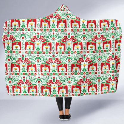 Swedish Dala Style Pattern Hooded Blanket-JTAMIGO.COM