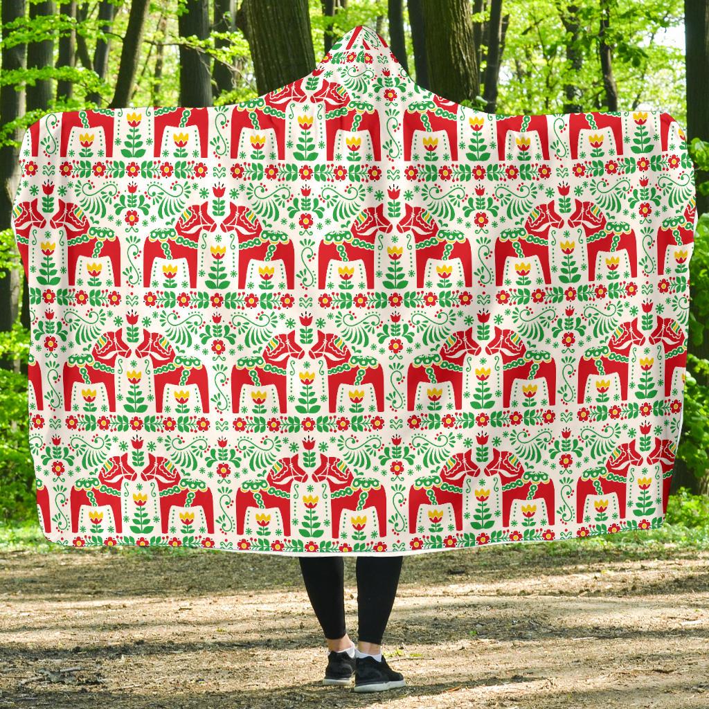 Swedish Dala Style Pattern Hooded Blanket-JTAMIGO.COM