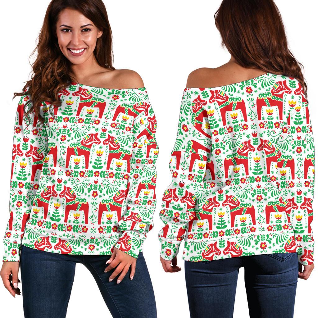 Swedish Dala Style Pattern Off Shoulder Sweatshirt