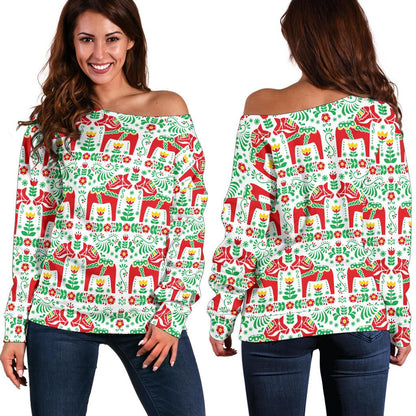 Swedish Dala Style Pattern Off Shoulder Sweatshirt