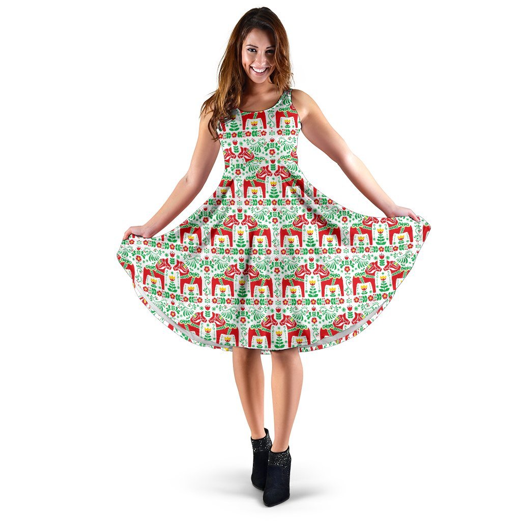 Swedish Dala Style Pattern Sleeveless Dress