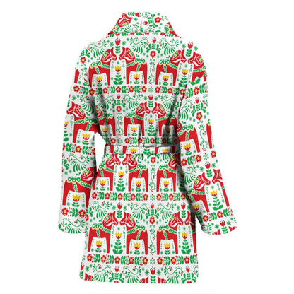 Swedish Dala Style Pattern Women Bath Robe-JTAMIGO.COM
