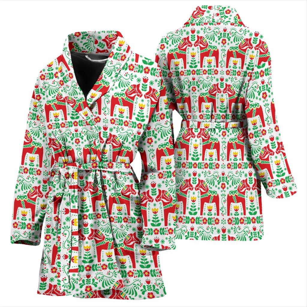 Swedish Dala Style Pattern Women Bath Robe-JTAMIGO.COM