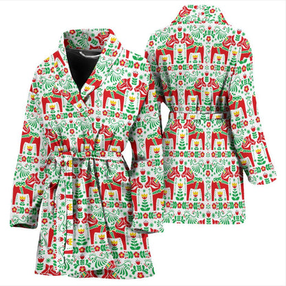 Swedish Dala Style Pattern Women Bath Robe-JTAMIGO.COM