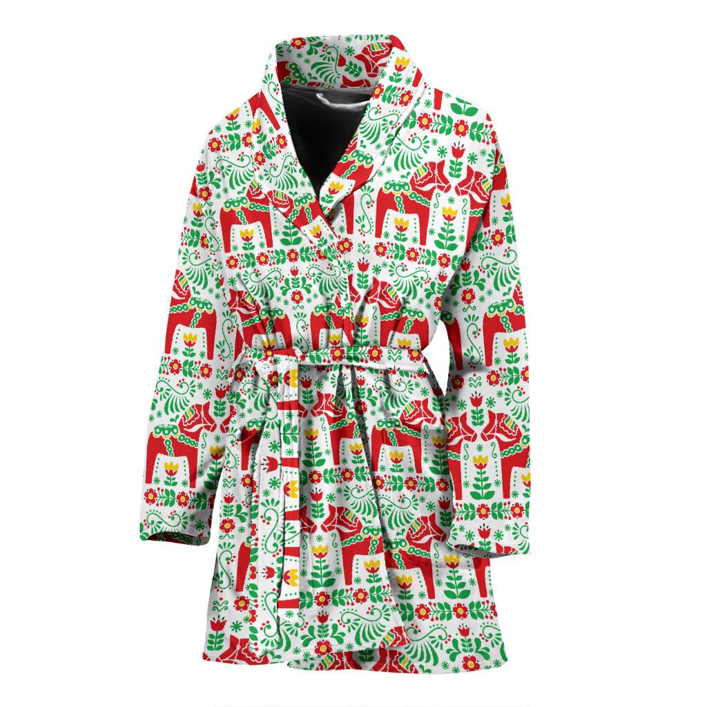 Swedish Dala Style Pattern Women Bath Robe-JTAMIGO.COM