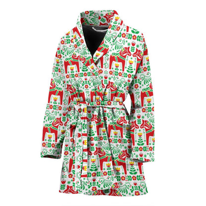 Swedish Dala Style Pattern Women Bath Robe-JTAMIGO.COM