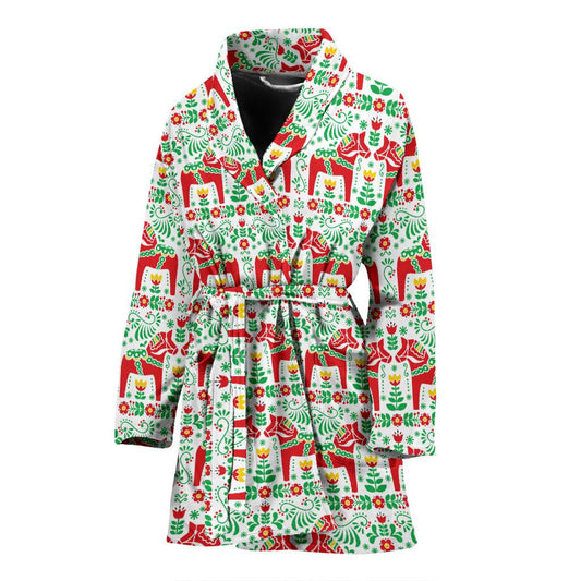 Swedish Dala Style Pattern Women Bath Robe-JTAMIGO.COM