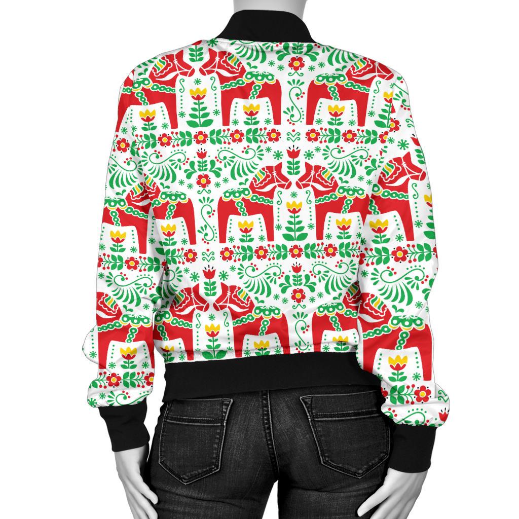 Swedish Dala Style Pattern Women Casual Bomber Jacket