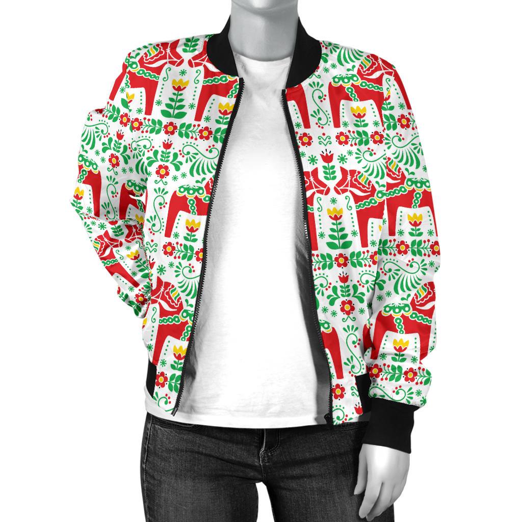 Swedish Dala Style Pattern Women Casual Bomber Jacket