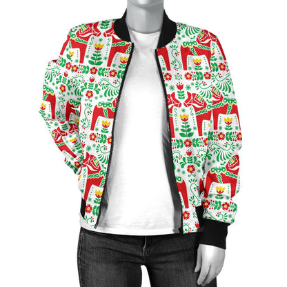 Swedish Dala Style Pattern Women Casual Bomber Jacket