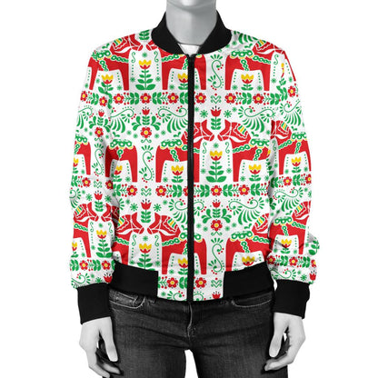 Swedish Dala Style Pattern Women Casual Bomber Jacket