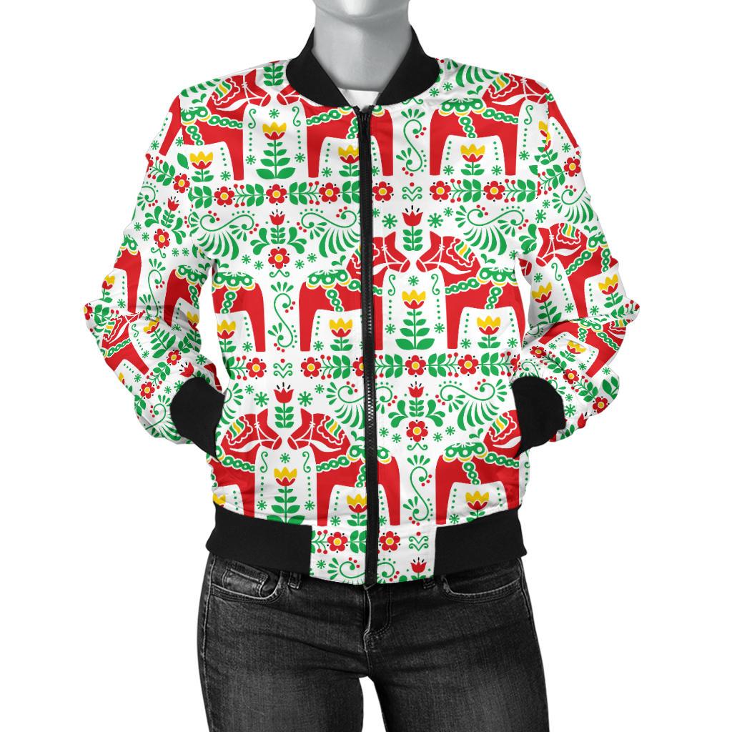 Swedish Dala Style Pattern Women Casual Bomber Jacket
