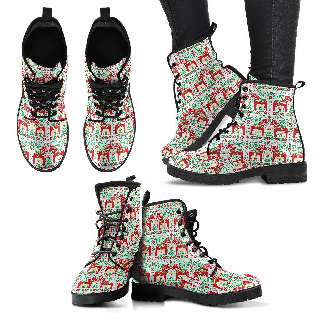 Swedish Dala Style Pattern Women Leather Boots-JTAMIGO.COM
