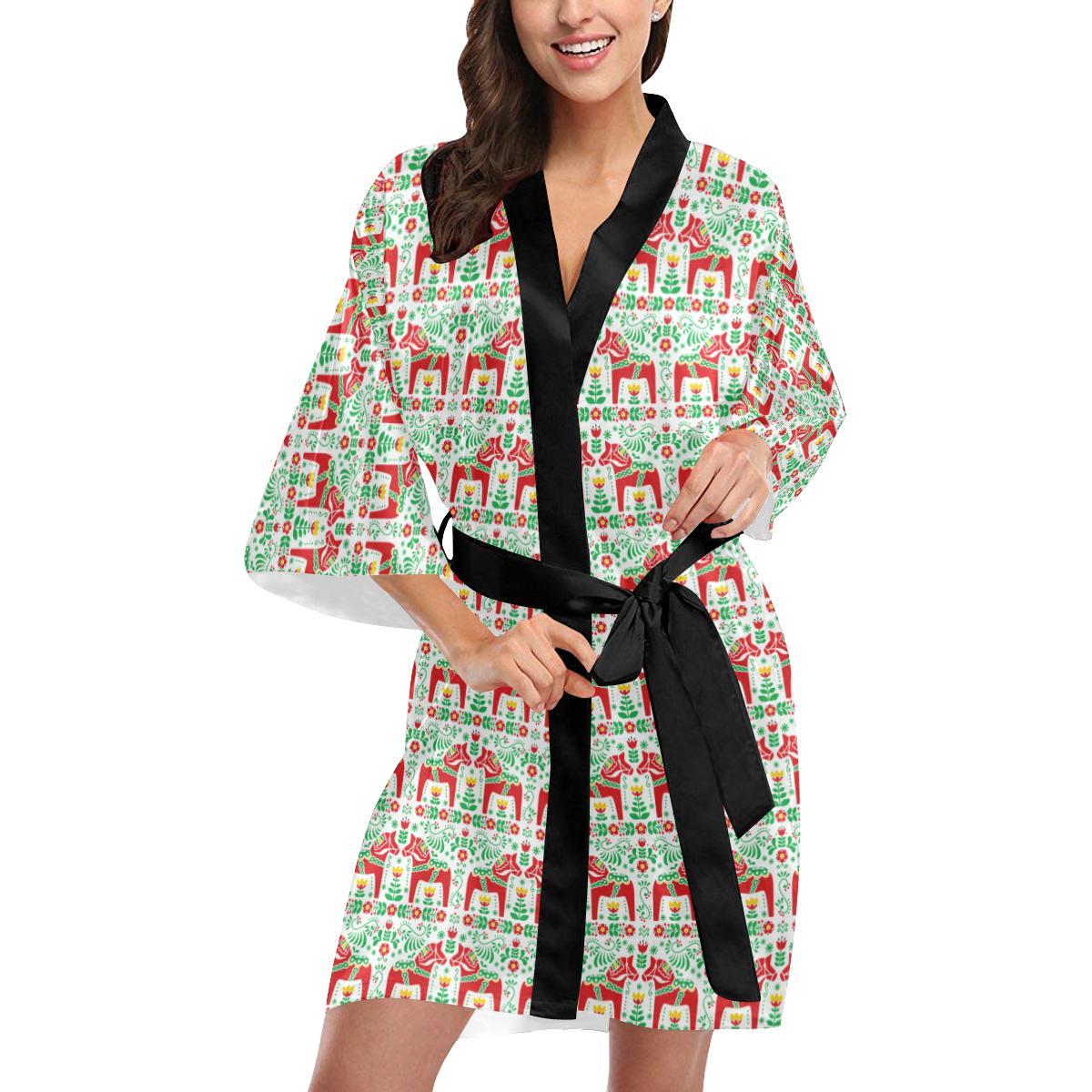 Swedish Dala Style Pattern Women Short Kimono Robe