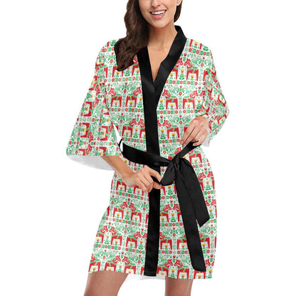 Swedish Dala Style Pattern Women Short Kimono Robe