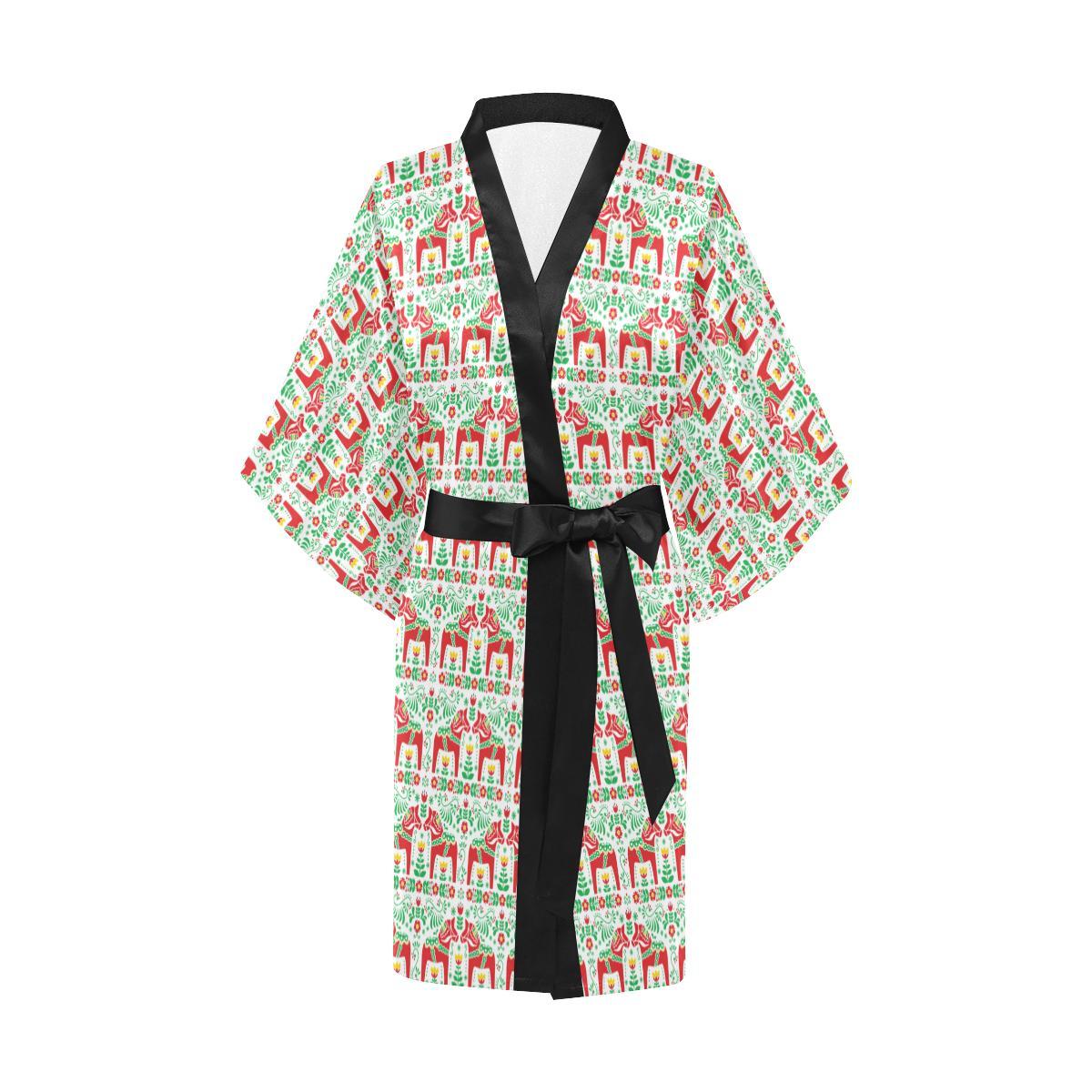 Swedish Dala Style Pattern Women Short Kimono Robe