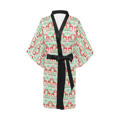 Swedish Dala Style Pattern Women Short Kimono Robe