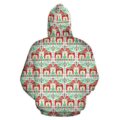 Swedish Dala Style Pattern Zip Up Hoodie