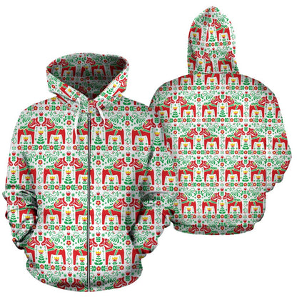Swedish Dala Style Pattern Zip Up Hoodie