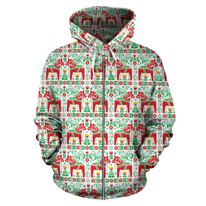 Swedish Dala Style Pattern Zip Up Hoodie