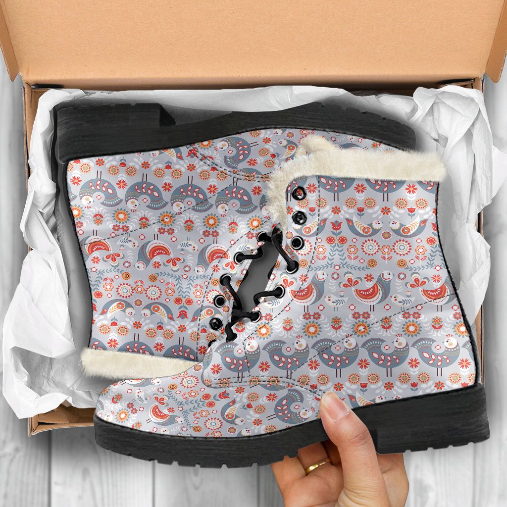 Swedish Nordic Design Print Faux Fur Leather Boots-JTAMIGO.COM
