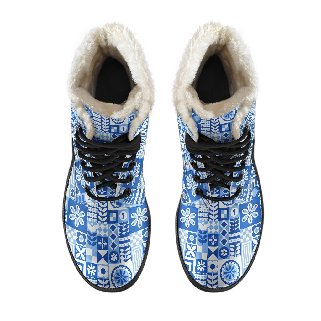 Swedish Print Pattern Faux Fur Leather Boots-JTAMIGO.COM