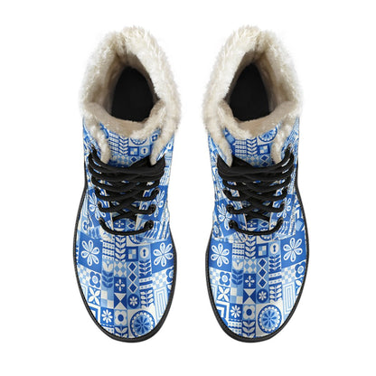 Swedish Print Pattern Faux Fur Leather Boots-JTAMIGO.COM