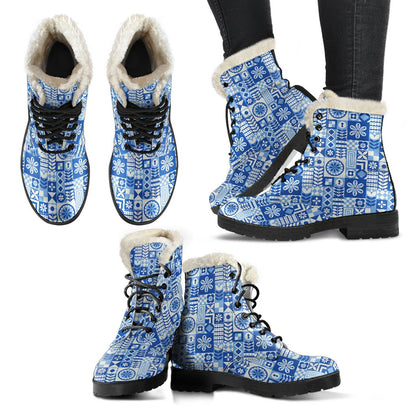 Swedish Print Pattern Faux Fur Leather Boots-JTAMIGO.COM