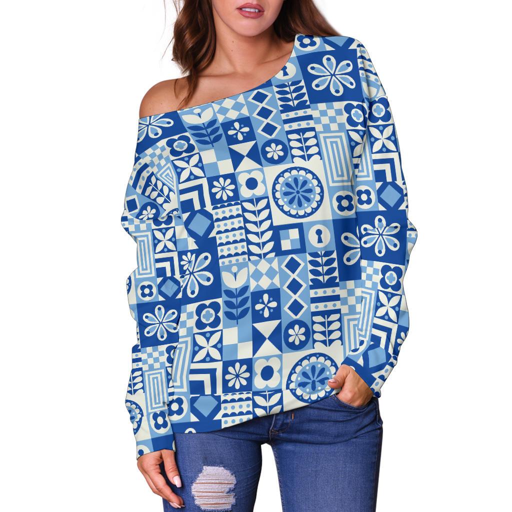 Swedish Print Pattern Off Shoulder Sweatshirt