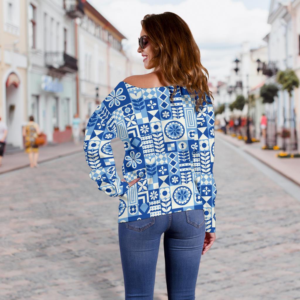 Swedish Print Pattern Off Shoulder Sweatshirt