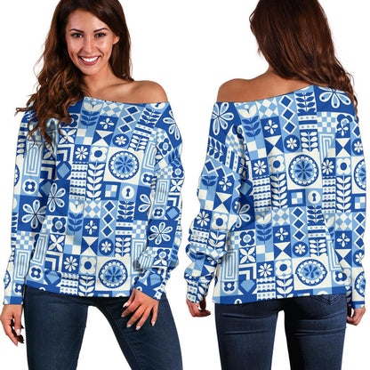 Swedish Print Pattern Off Shoulder Sweatshirt