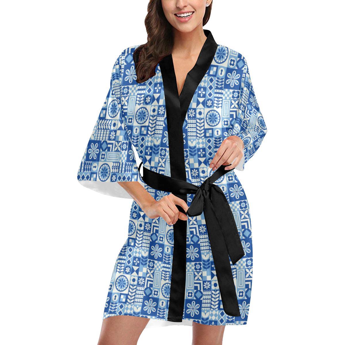 Swedish Print Pattern Women Short Kimono Robe
