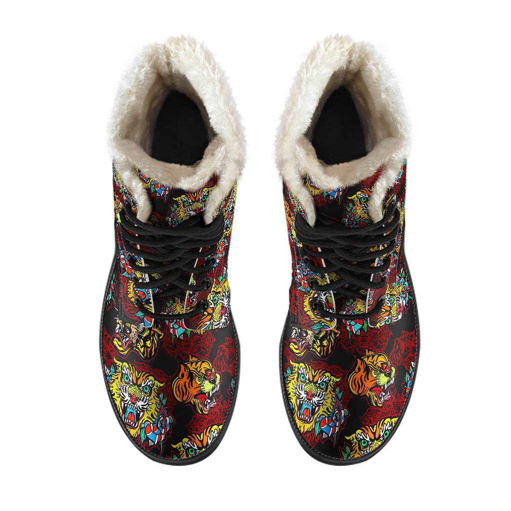 Tattoo Tiger Colorful Design Faux Fur Leather Boots-JTAMIGO.COM