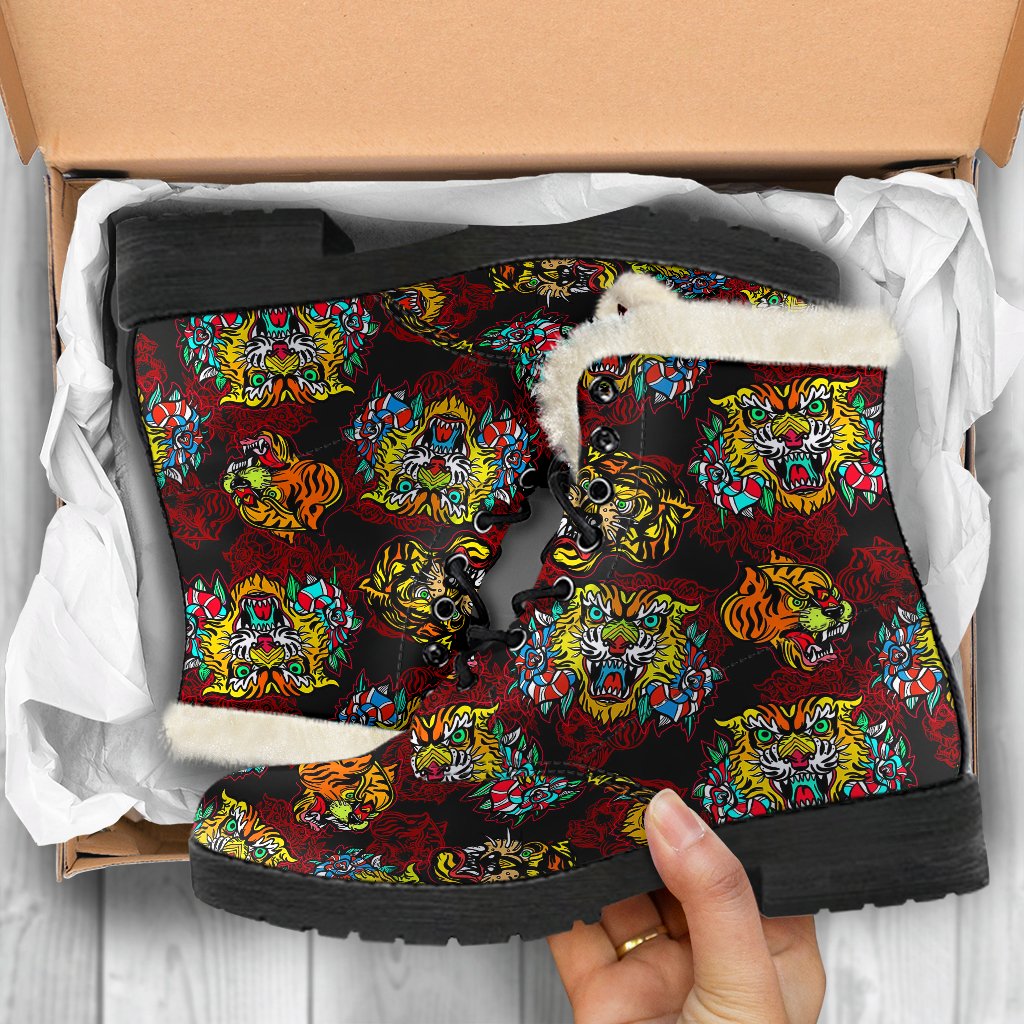 Tattoo Tiger Colorful Design Faux Fur Leather Boots-JTAMIGO.COM