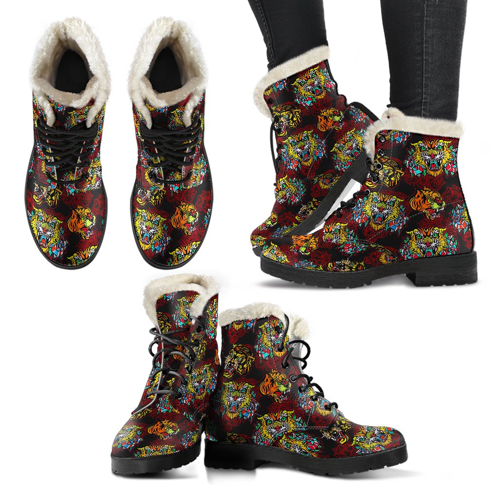 Tattoo Tiger Colorful Design Faux Fur Leather Boots-JTAMIGO.COM