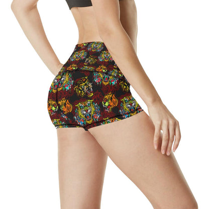 Tattoo Tiger Colorful Design High Waisted Spandex Shorts-JTAMIGO.COM