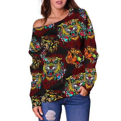 Tattoo Tiger Colorful Design Off Shoulder Sweatshirt
