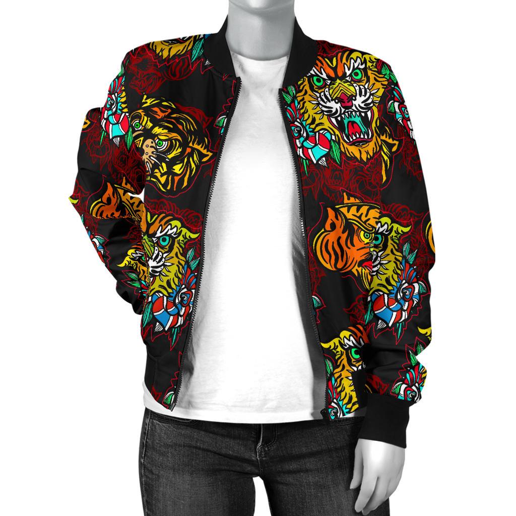 Tattoo Tiger Colorful Design Women Casual Bomber Jacket