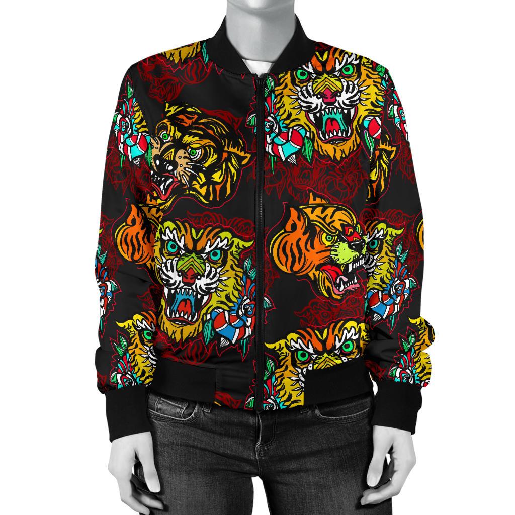 Tattoo Tiger Colorful Design Women Casual Bomber Jacket