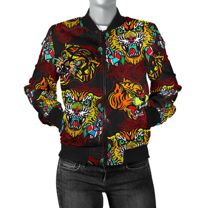 Tattoo Tiger Colorful Design Women Casual Bomber Jacket