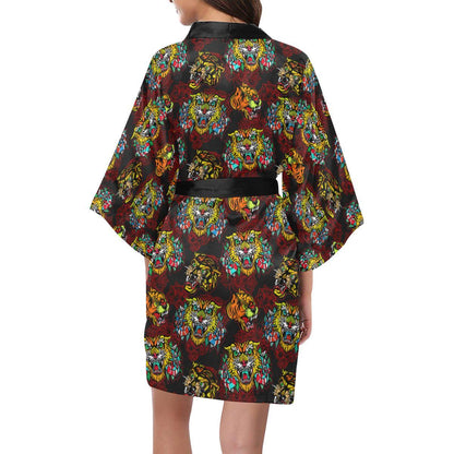 Tattoo Tiger Colorful Design Women Short Kimono Robe