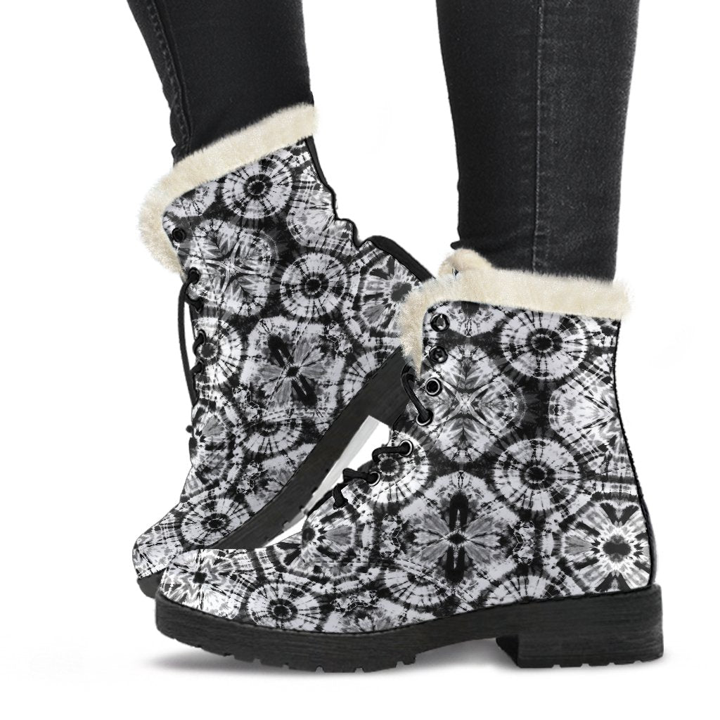Tie Dye Black White Design Print Faux Fur Leather Boots-JTAMIGO.COM