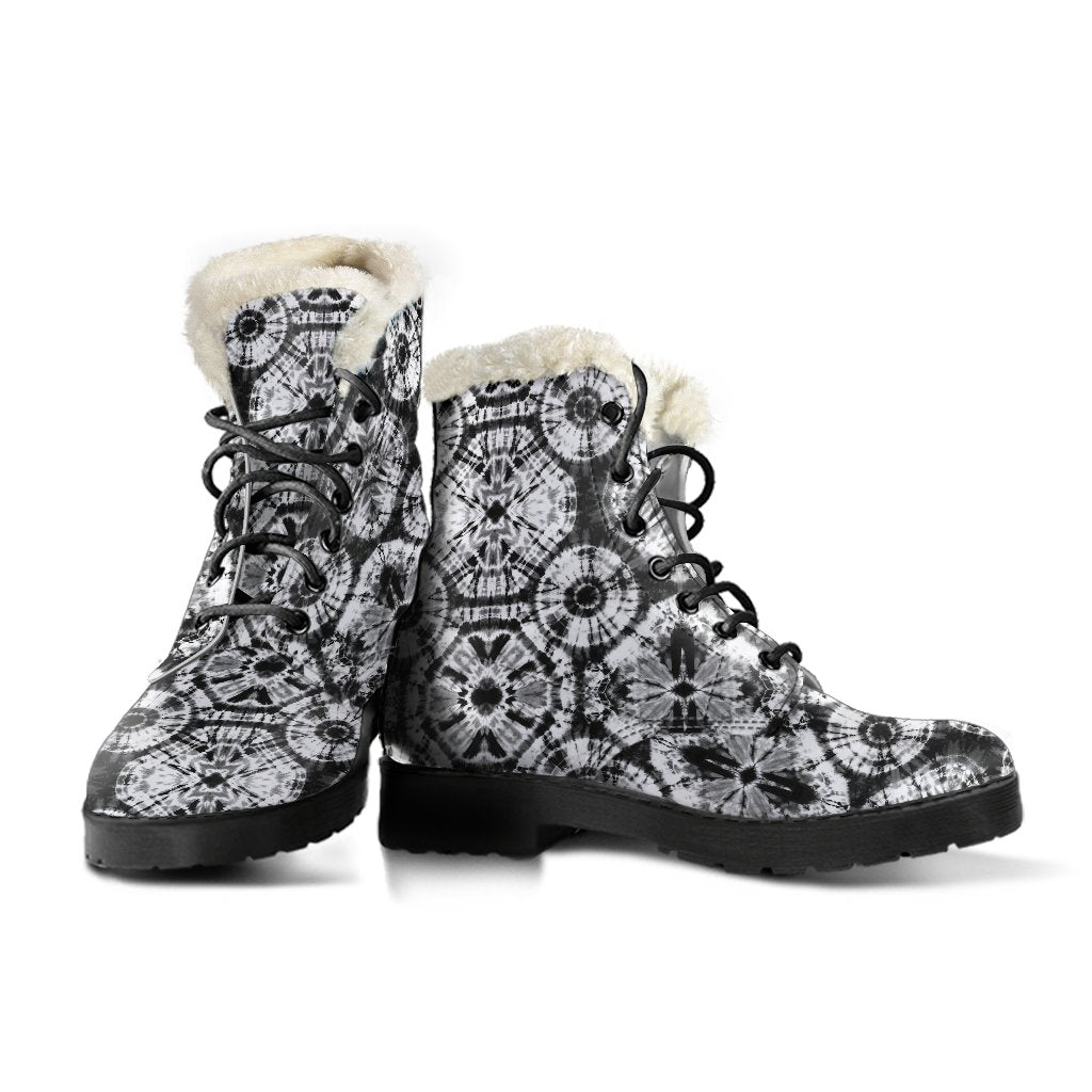 Tie Dye Black White Design Print Faux Fur Leather Boots-JTAMIGO.COM