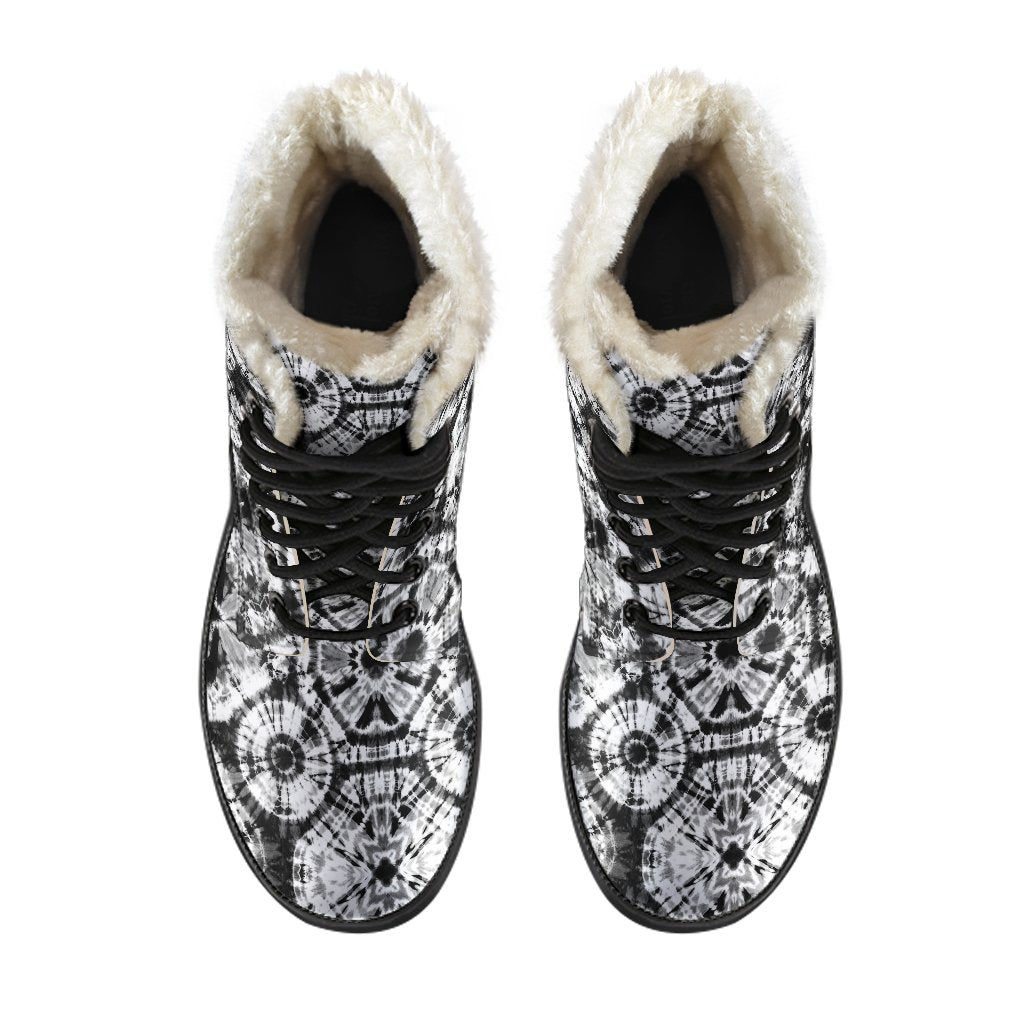 Tie Dye Black White Design Print Faux Fur Leather Boots-JTAMIGO.COM