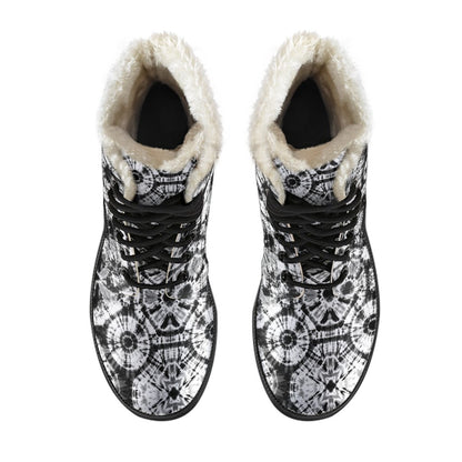 Tie Dye Black White Design Print Faux Fur Leather Boots-JTAMIGO.COM
