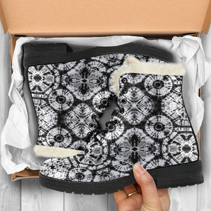 Tie Dye Black White Design Print Faux Fur Leather Boots-JTAMIGO.COM