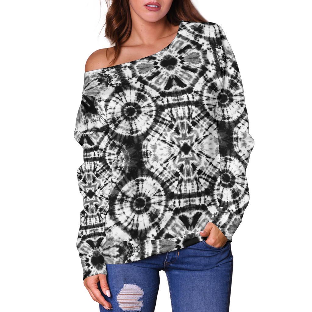 Tie Dye Black White Design Print Off Shoulder Sweatshirt